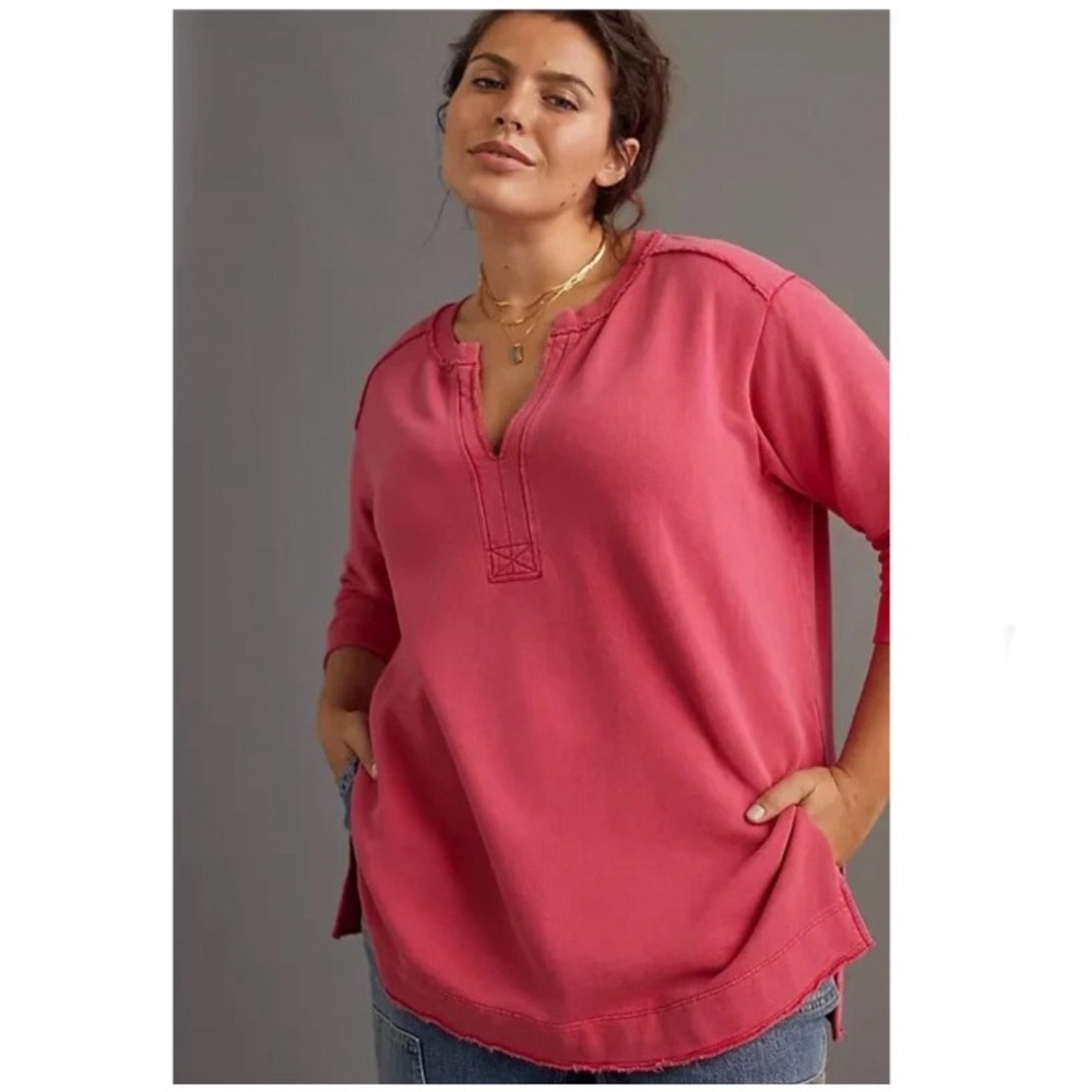 Anthropologie Pilcro Terry Cloth Split V-Neck Pullover Sweatshirt Pink Large